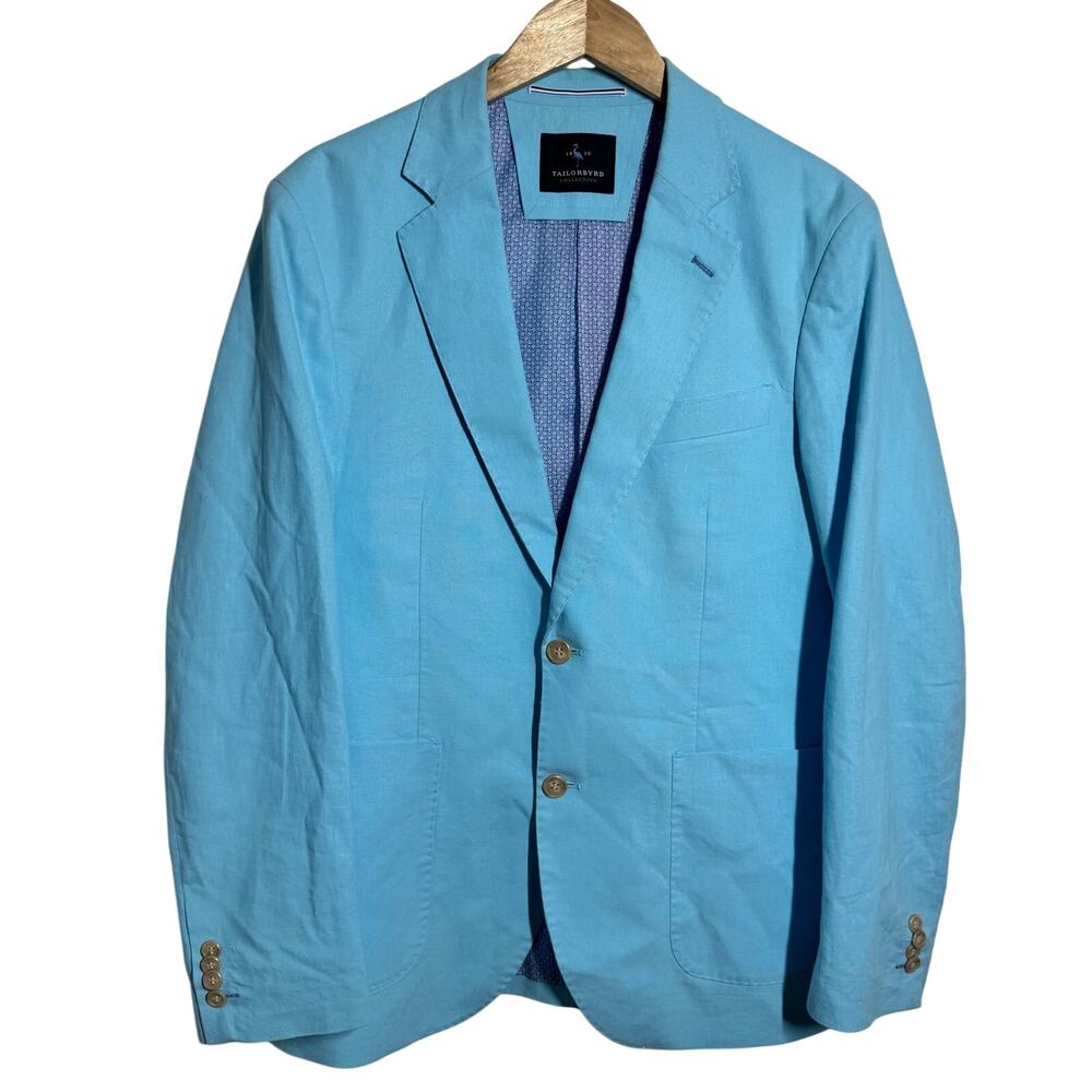 Tailor Byrd Linen Sport Coat Blazer Men 40R Blue Preppy‎ Coastal Vacay 2 Button